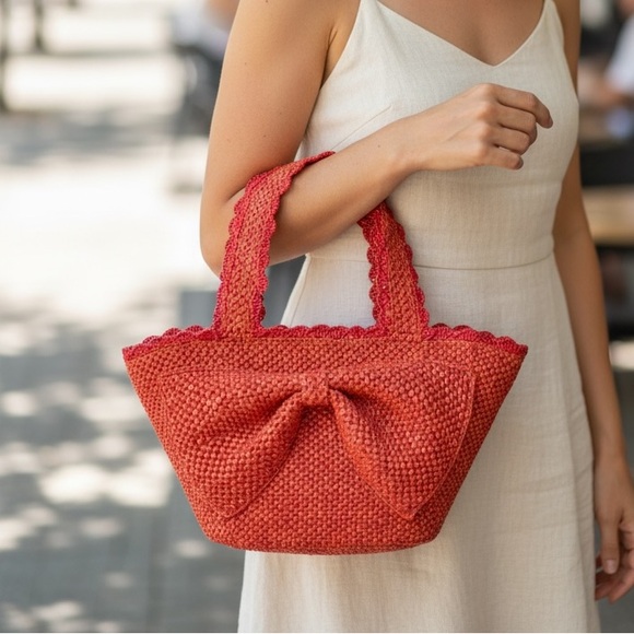 kate spade Handbags - Kate Spade Woven Raffia Bow Tote Bag Orange Summer Straw Shoulder Bag ♠️